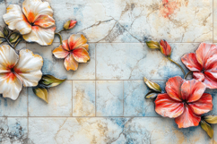 Flowers with Tiles Background Wallpaper Product Image 1