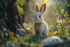 European Rabbit in Flowers Background Product Image 1