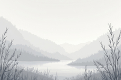 Misty Landscape with a Lake and Mountains Background Product Image 1