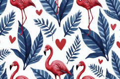 Red Flamingos amidst Blue Tropical Leaves Background Product Image 1