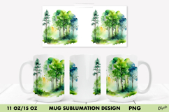 Watercolor Forest Mug Sublimation. 11 OZ, 15 OZ Mug PNG Product Image 1