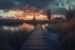 Wooden Bridge Over the Lake Background Wallpaper Product Image 1