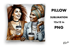 Black Women with Coffee Pillow Sublimation. Black Woman PNG Product Image 1