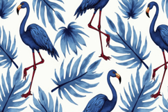 Blue Flamingos and Blue Palm Leaves Background Wallpaper Product Image 1