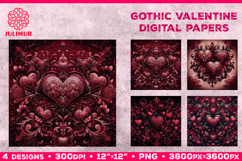 Gothic Valentine Digital Paper with Ornate Red Hearts Product Image 1