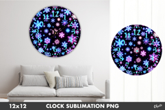 Sparkling Neon Snowflackes PNG, Clock Design Sublimation Product Image 1
