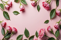 Pink Rose and Green Leaves Background Wallpaper Product Image 1