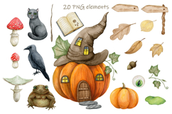 Witchy Pumpkin House Watercolor Clipart Pumpkin House, Cat Product Image 2
