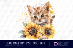 Kitten Sunflower Watercolor Clipart Product Image 1