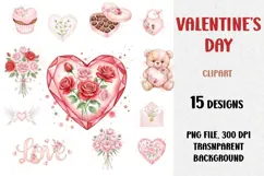 Valentine's Day Watercolor Clipart, PNG Product Image 1