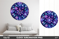 Sparkling Neon Snowflackes PNG, Clock Design Sublimation Product Image 1