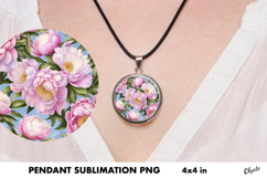 Pink Peony Jewelry Sublimation PNG. Cirkle Pendant PNG Product Image 1