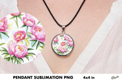 Pink Peony Jewelry Sublimation. Cirkle Pendant PNG Product Image 1