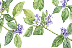 Purple Flowers Green Leaves with White Background Wallpaper Product Image 1
