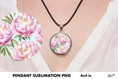 Pink Peony Jewelry Sublimation. Cirkle Pendant Product Image 1
