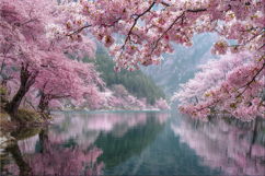Pink Cherry Blossoms With Pond Background Product Image 1