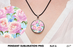 Pink Peony Jewelry Sublimation. Cirkle Pendant PNG Product Image 1