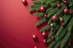 Red Ornaments in Lush Green Pine Branches Background Product Image 1