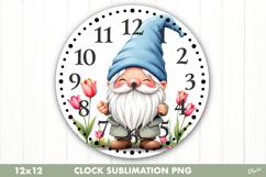Spring Clock Sublimation. Garden Gnome Clock Design PNG Product Image 1