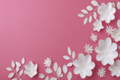 Paper Flowers and Leaves on a Pink Background Wallpaper Product Image 1