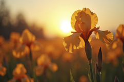 Yellow Irises Blooming at Sunset Background Wallpaper Product Image 1