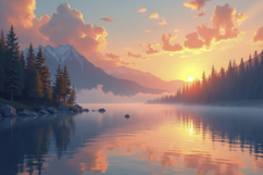 Mountain Lake Scene at Sunrise Background Wallpaper Product Image 1