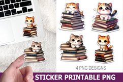 Cute Cat on Book Sticker Printable | High Quality 300 Dpi Product Image 1