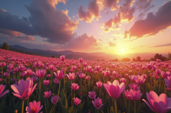 Pink Tulip Field During Sunset Background Wallpaper Product Image 1