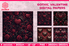 Gothic Valentine Digital Paper with Ornate Red Hearts Product Image 1