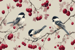 Chickadees Perched On Branches with Red Berries Background Product Image 1
