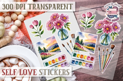 Self Love sticker sheet Scrapbook PNG Nature Watercolor Yoga Product Image 1