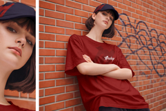 Girl wearing Oversized T-Shirt and Baseball Cap Mockup Set Product Image 3