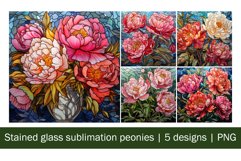 Stained glass peonies sublimation| 5 flowers designs, PNG Product Image 1