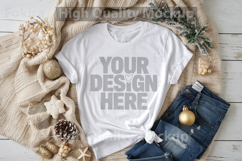 Christmas White T-shirt mockup - Christmas Background Product Image 1
