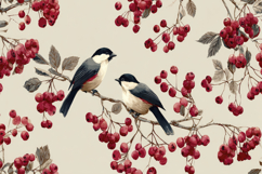Chickadees Perched On Branches with Red Berries Background Product Image 1