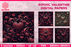 Gothic Valentine Digital Paper with Ornate Red Hearts Product Image 1