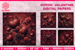 Gothic Valentine Digital Paper with Ornate Red Hearts Product Image 1