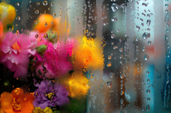 Rain on Glass with Vibrant Flowers Background Wallpaper Product Image 1