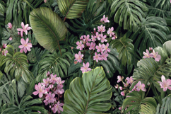 Tropical Foliage And Pink Flowers Background Product Image 1