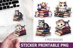 Cute Cat on Book Sticker Printable | High Quality 300 Dpi Product Image 1
