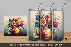 Tea Pot And Flower Tumbler Wrap Sublimation Design 5 Product Image 1