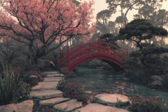 Garden During Cherry Blossom Season Background Wallpaper Product Image 1