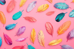 Colored Feathers with Pink Background Wallpaper Product Image 1