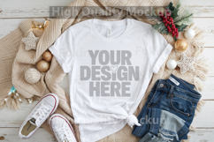 Christmas White T-shirt mockup - Christmas Background Product Image 1