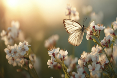 White Butterfly and Flowers Background Wallpaper Product Image 1