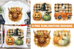 Fall Halloween Highland Cow &amp; Pumpkin Sublimation PNG Product Image 1