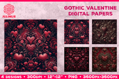 Gothic Valentine Digital Paper with Ornate Red Hearts Product Image 1