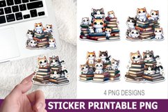 Cute Cat on Book Sticker Printable | High Quality 300 Dpi Product Image 1