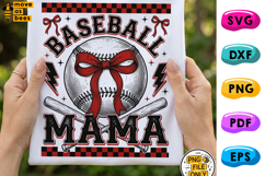 Baseball Mama Png, Bow, Checker, Retro Style Mom Shirt Product Image 1