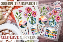 Self Love sticker sheet Scrapbook PNG Nature Watercolor Yoga Product Image 1